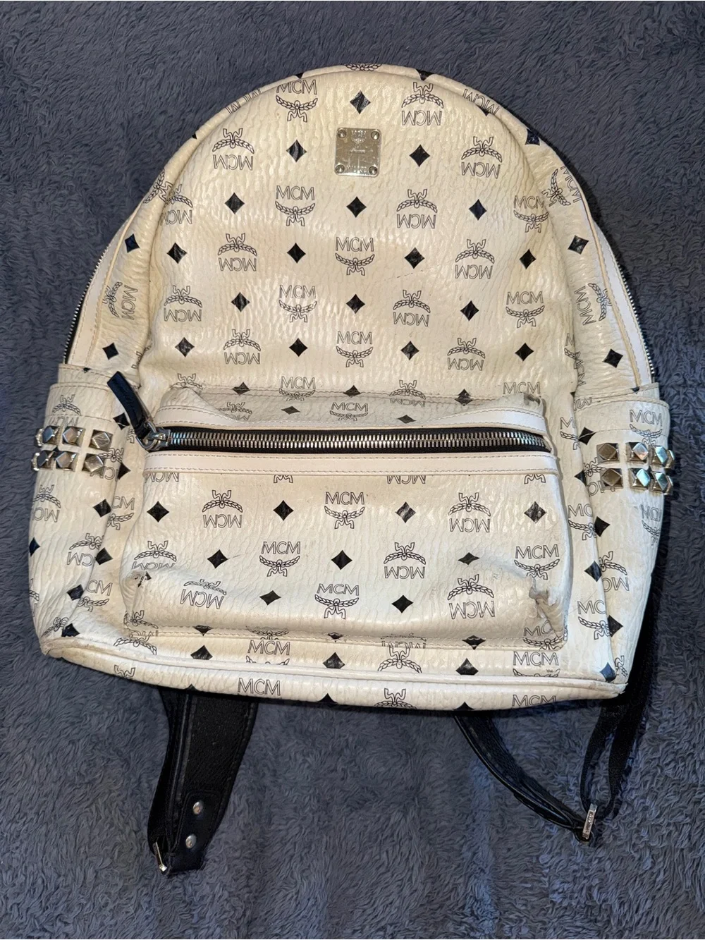 USED MCM Black & White Studded Backpack.